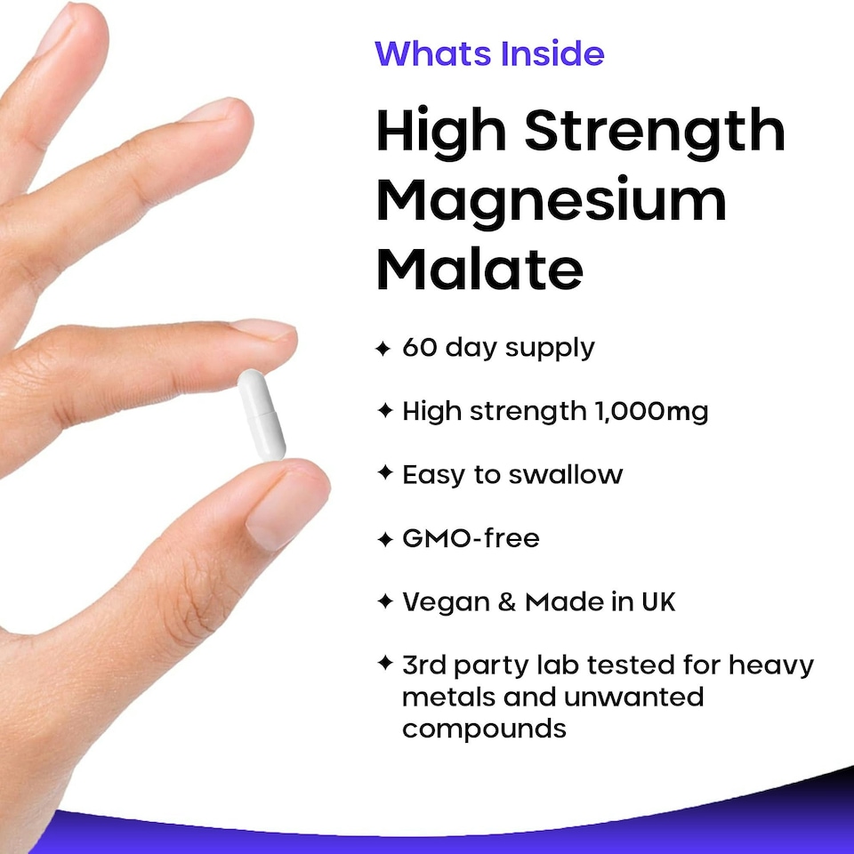 image 1 of Magnesium Malate Capsules - Bones & Joints, Sleep & Relaxation Support - Vegan 120 Capsules