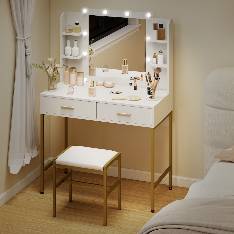 image 1 of HOMCOM Dressing Table with Lighted Mirror, Cushioned Stool, Drawers, Shelves, LED Makeup Vanity Desk Set, Modern Dresser Vanity Table for Bedroom, White