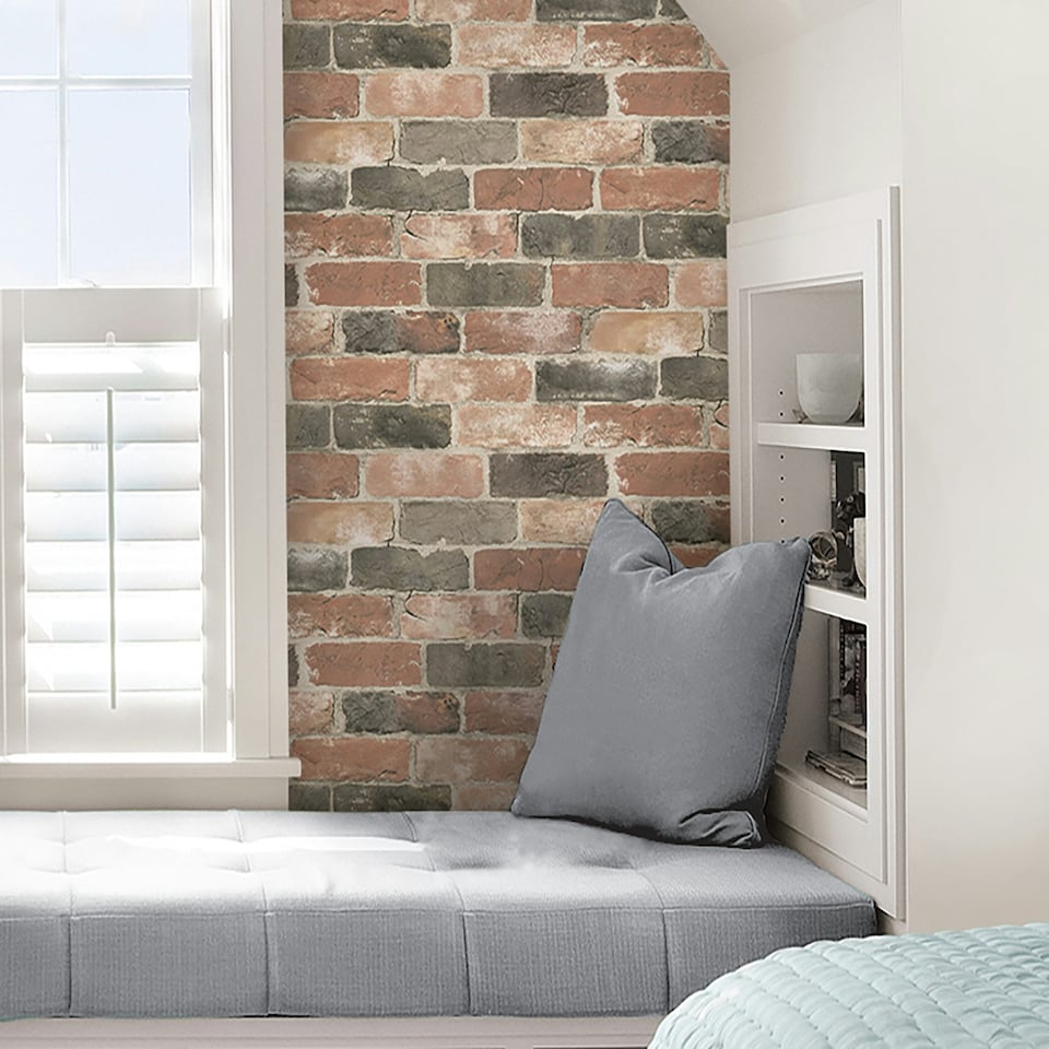 image 1 of NuWallpaper NU2064 Newport Reclaimed Brick Peel & Stick Wallpaper, Red Multi