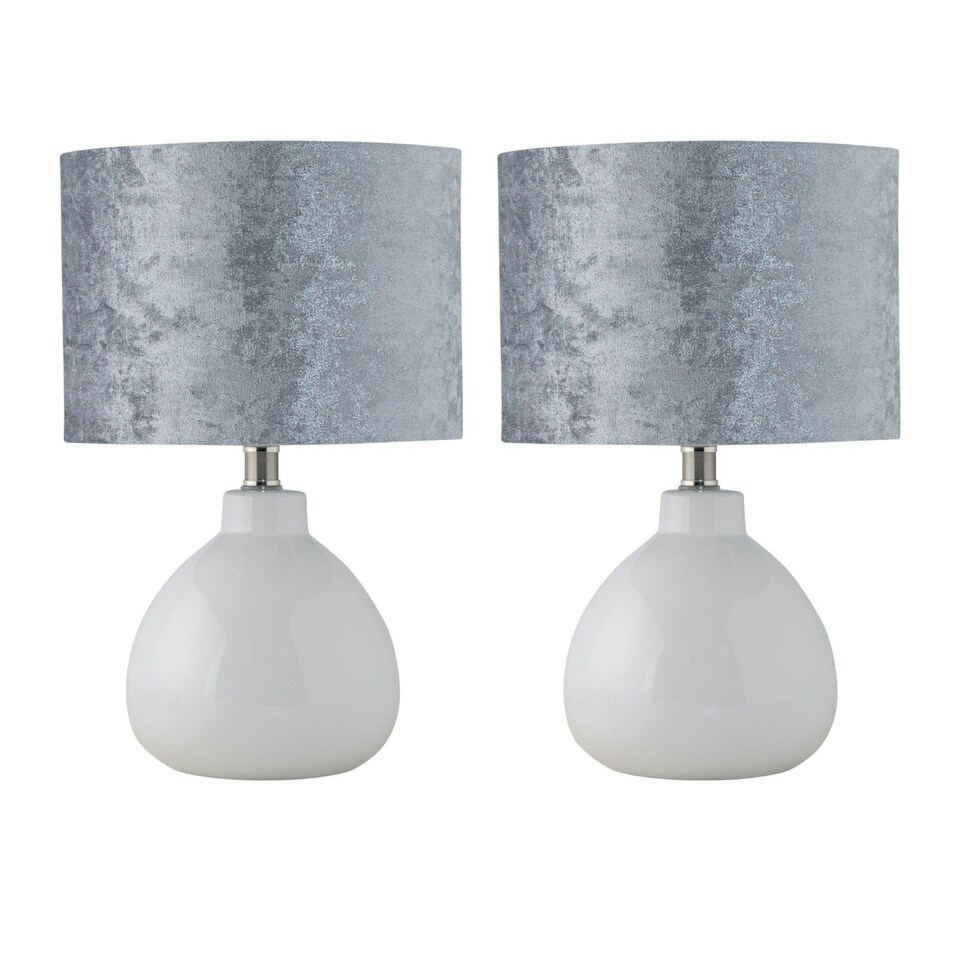 image 1 of First Choice Lighting Set of 2 Tuscan White Ceramic Lamps with Grey Crushed Velvet Shade White | Grey