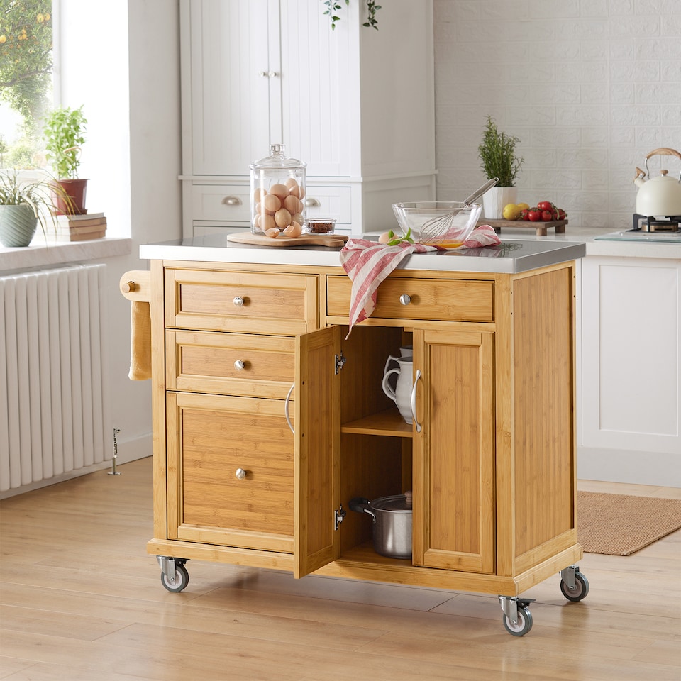 image 1 of SoBuy Kitchen Storage Trolley with Stainless Steel Top, Bamboo, 45.3x18.1x36.2 in, 23.9 kg - FKW70-N