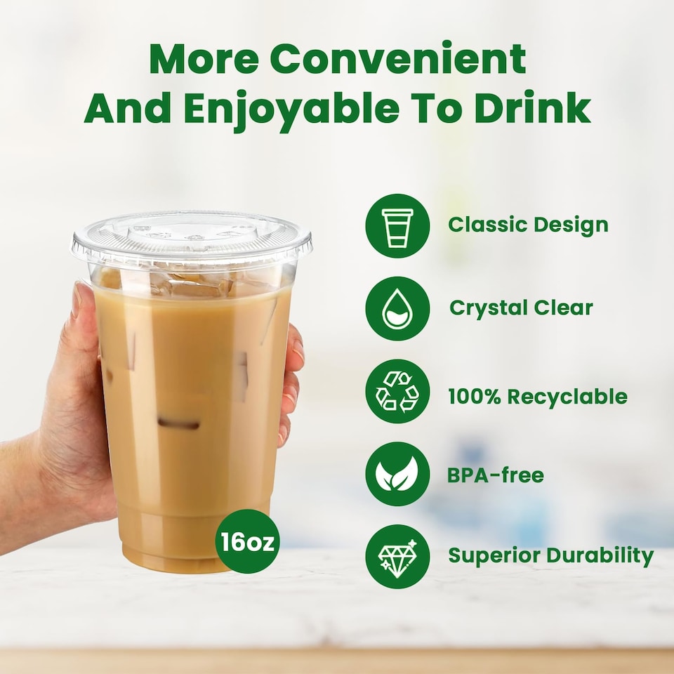 image 1 of ECONX 16oz Clear Plastic Smoothie Cups with Flat Lids Reusable for Smoothies, Juice, Milkshakes 50pk