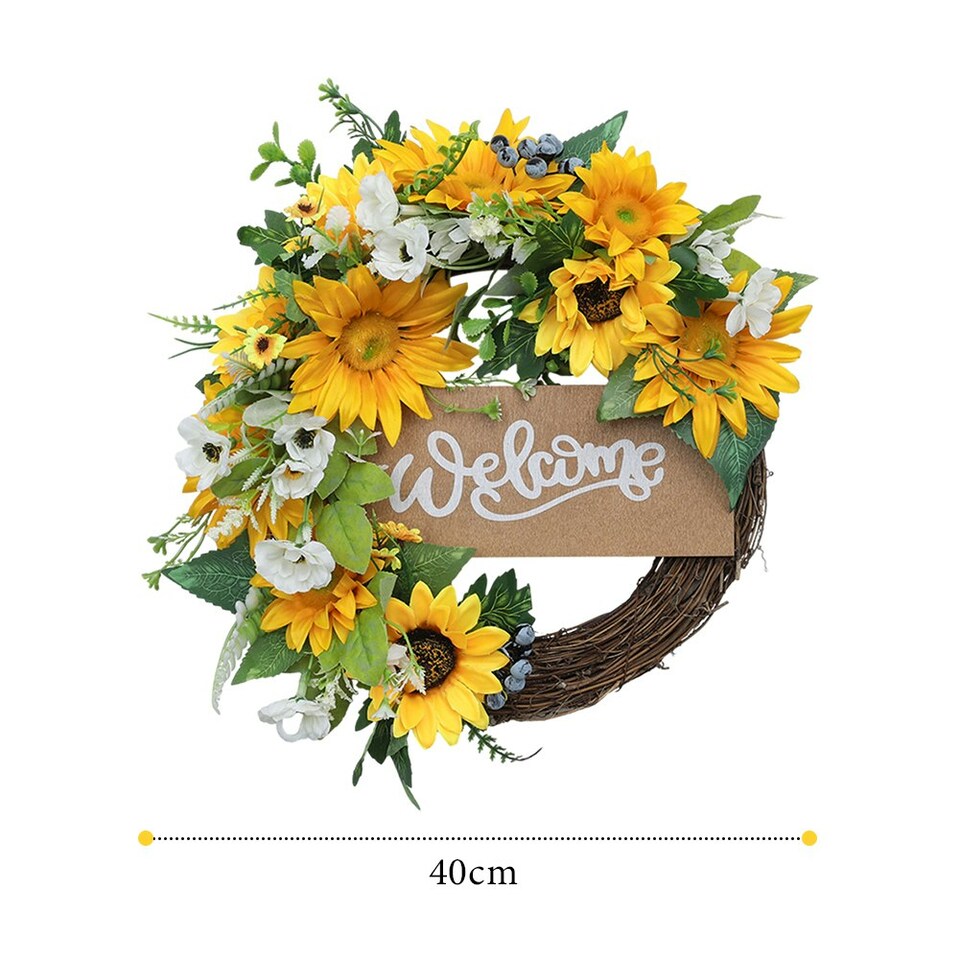 image 1 of Living and Home Artificial Sunflower Wreath - Round Hanging Decoration