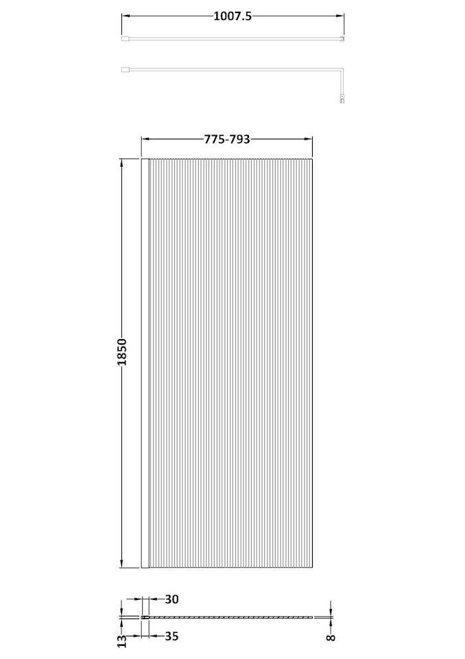 image 1 of Balterley Modern Bathroom Shower Fluted Toughened Safety Glass Wetroom Screen with Support Bar | Black | Matt Black