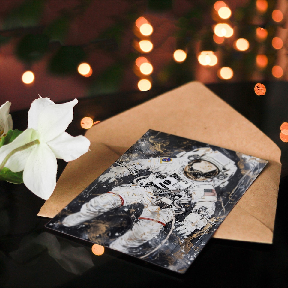 image 1 of Greeting Card Astronaut Space Walk Black Gold Grunge Design Birthday