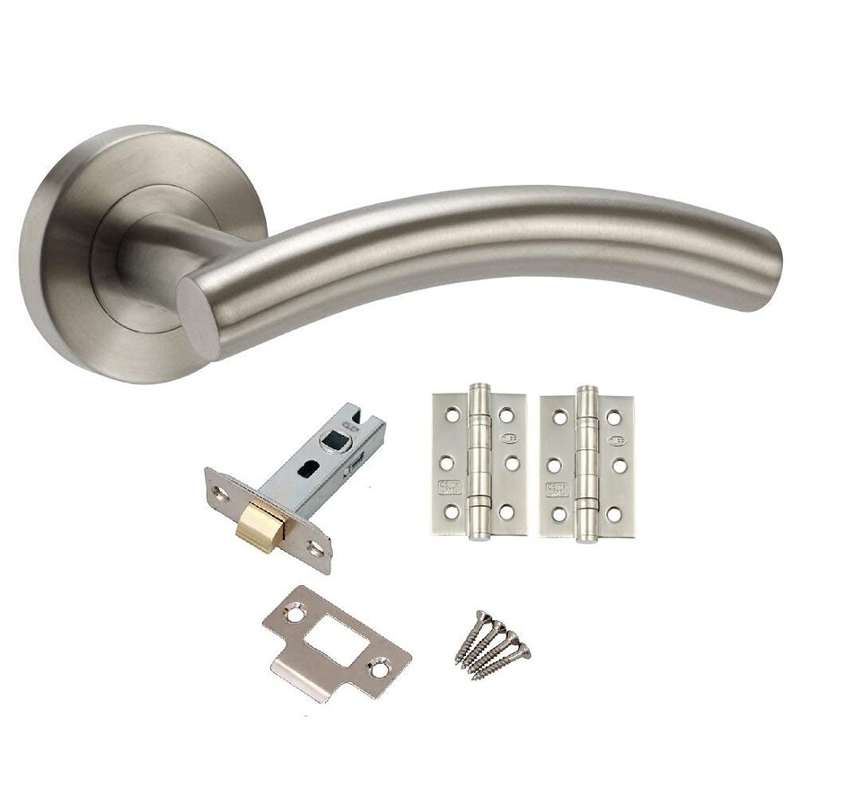 Golden Grace Arched T-Bar Door Handle Latch Pack in Brushed Steel Finish with Ball Bearing Hinges | Grey | 1 Set