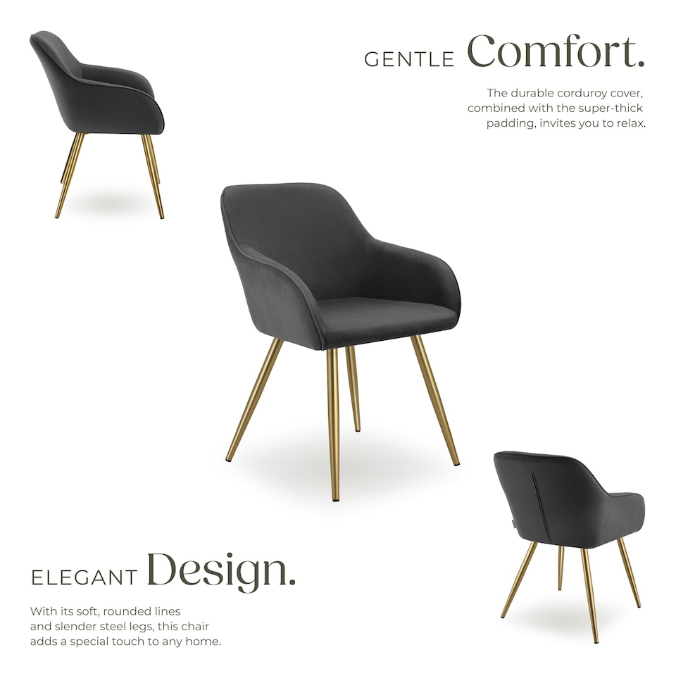 image 1 of Dining Chair Marilyn - corduroy look, upholstered, armchair, continuous backrest - Set of 6 Grey | Anthracite/Gold