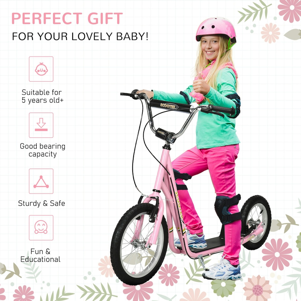 image 1 of HOMCOM Teen Scooter Adjustable Height Dual Brakes Rubber Wheels Kickstand, Pink