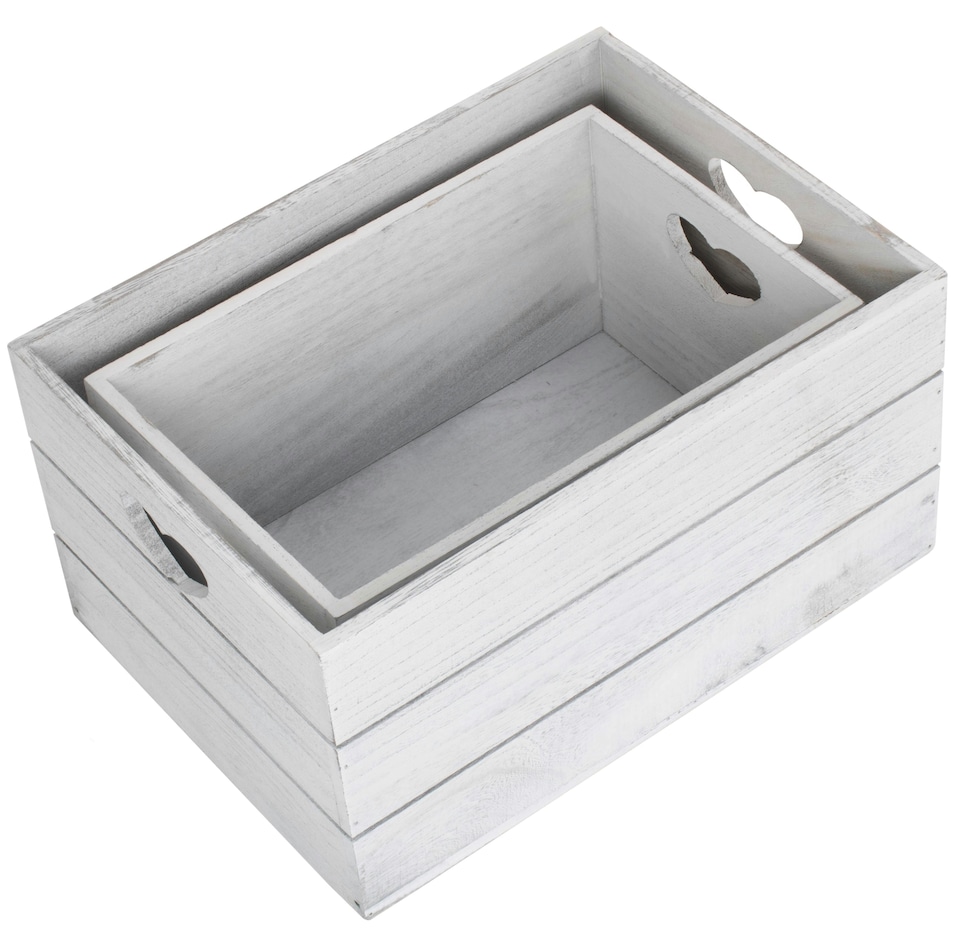 image 1 of Set of 2 Vintage Effect Heart Cut Handle Wooden Storage Crate | Brown | Brown | 2