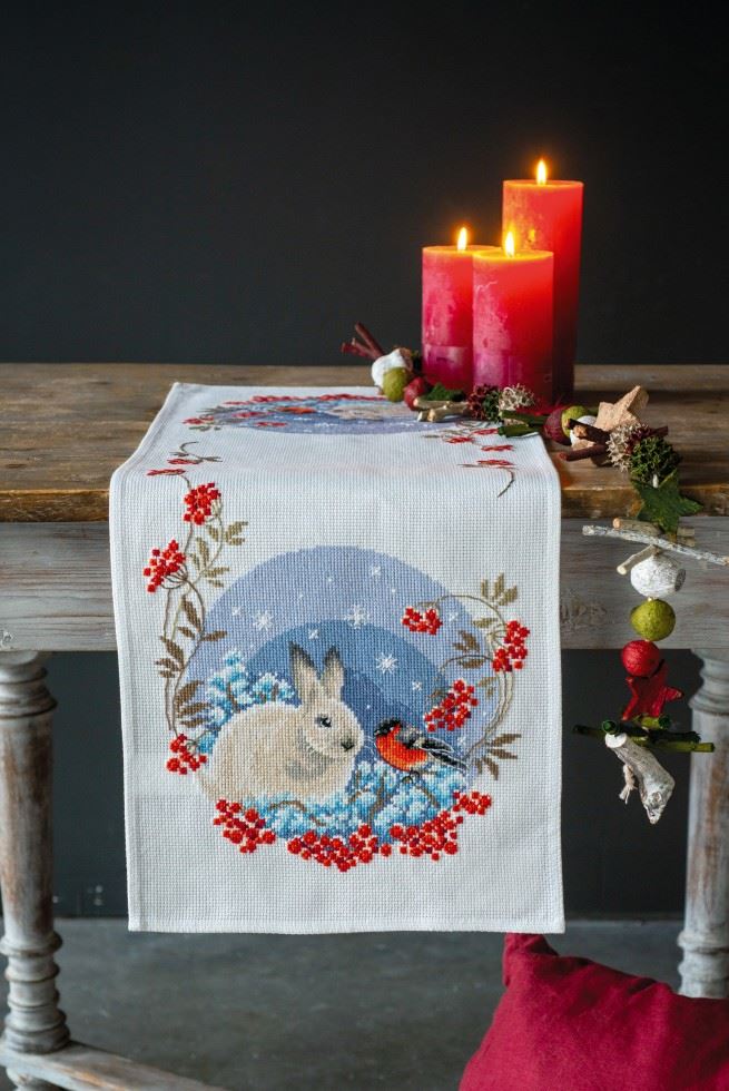 Vervaco Embroidery Kit: Table Runner: Snow Hare & Goldfinch: (Aida) in White