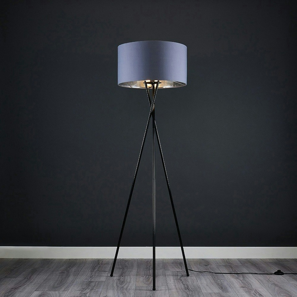 image 1 of ValueLights Camden Black Tripod Floor Lamp Grey & Silver Shade & Bulb Silver