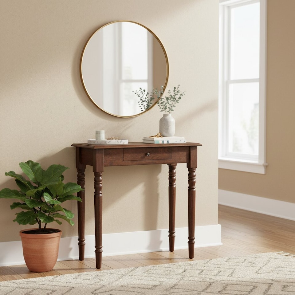 image 1 of Artisan Furniture Solid Wood Turned Legs 1 Drawer Chestnut Console, Brown