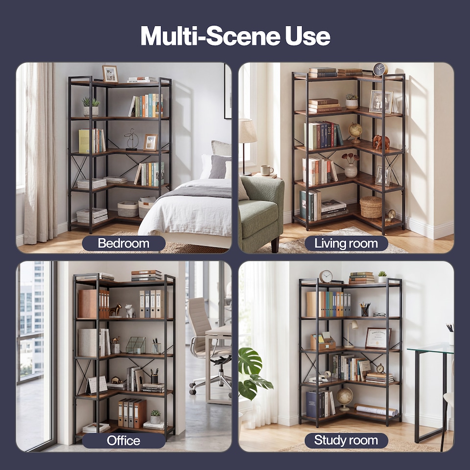 image 1 of Levede Corner Bookcase 5-Tier L-Shaped Bookshelf Space-Saving Spice Walnut Black Metal