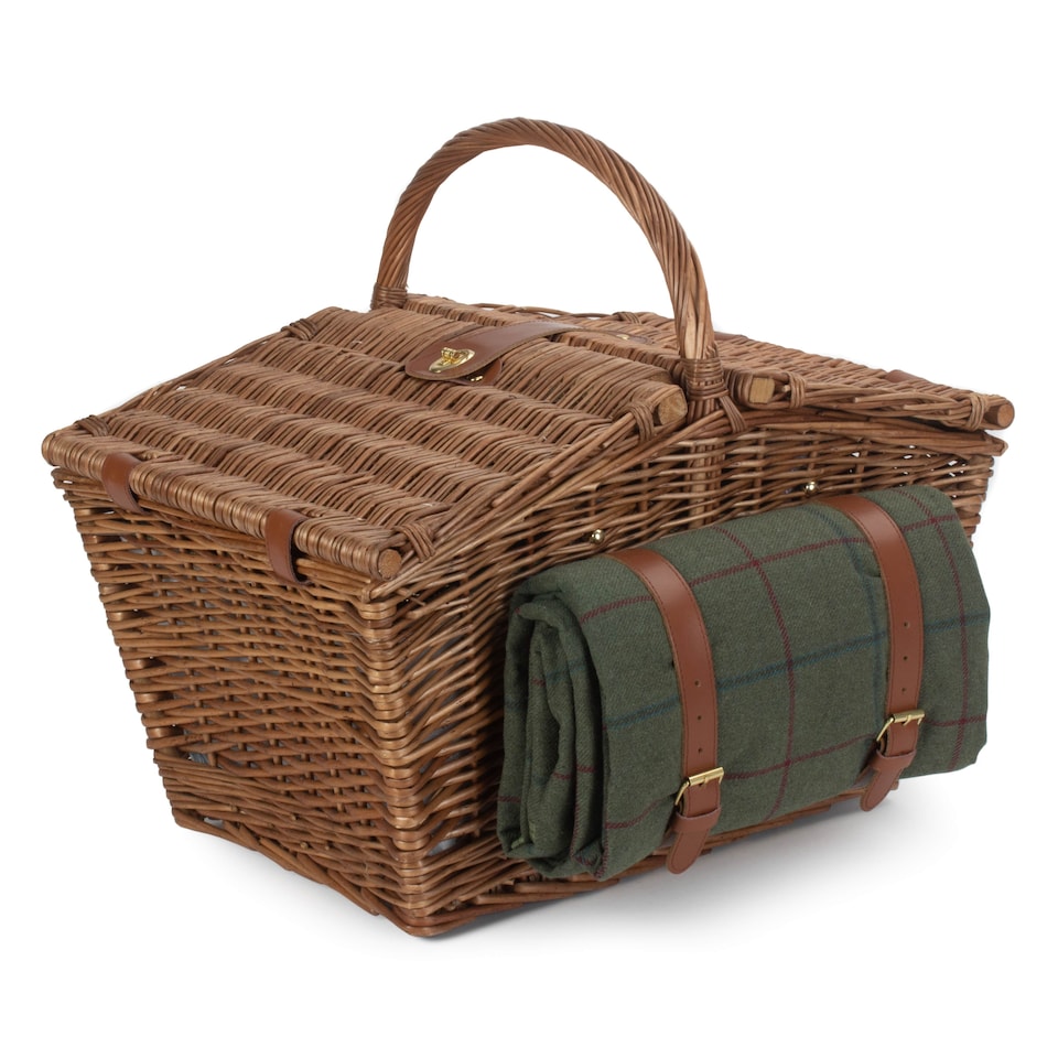 image 1 of Elegant 4 Person Green Tweed Fitted Picnic Basket