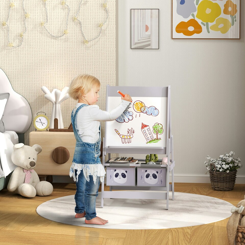 image 1 of AIYAPLAY Kids Easel with Paper Roll, 3 in 1 Art Easel Blackboard, Whiteboard 