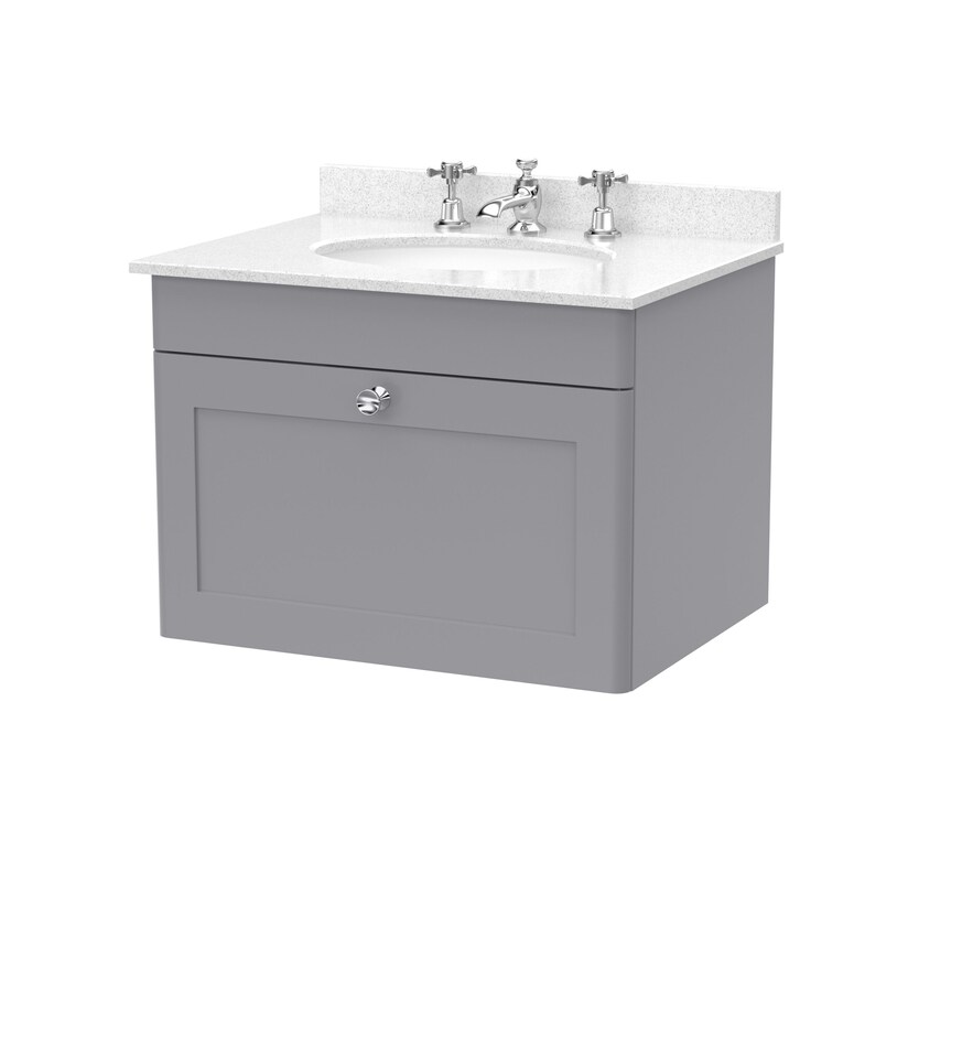 image 1 of Balterley Swynnerton Traditional 1 Drawer Wall Hung Vanity Unit with Marble Basin, Satin Grey, 600mm