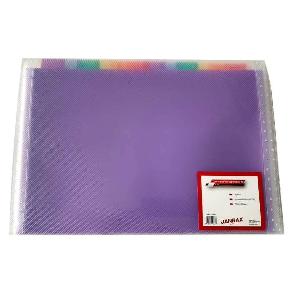 image 1 of A4 13 Part Rainbow Coloured Tabs Expanding File with Elastic Closure