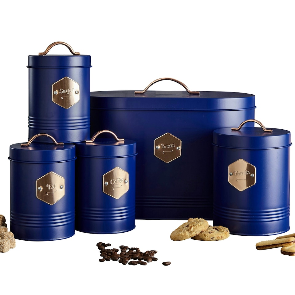 image 1 of Retro Inspired Matt & Copper 5 Piece Kitchen Canister Set Navy