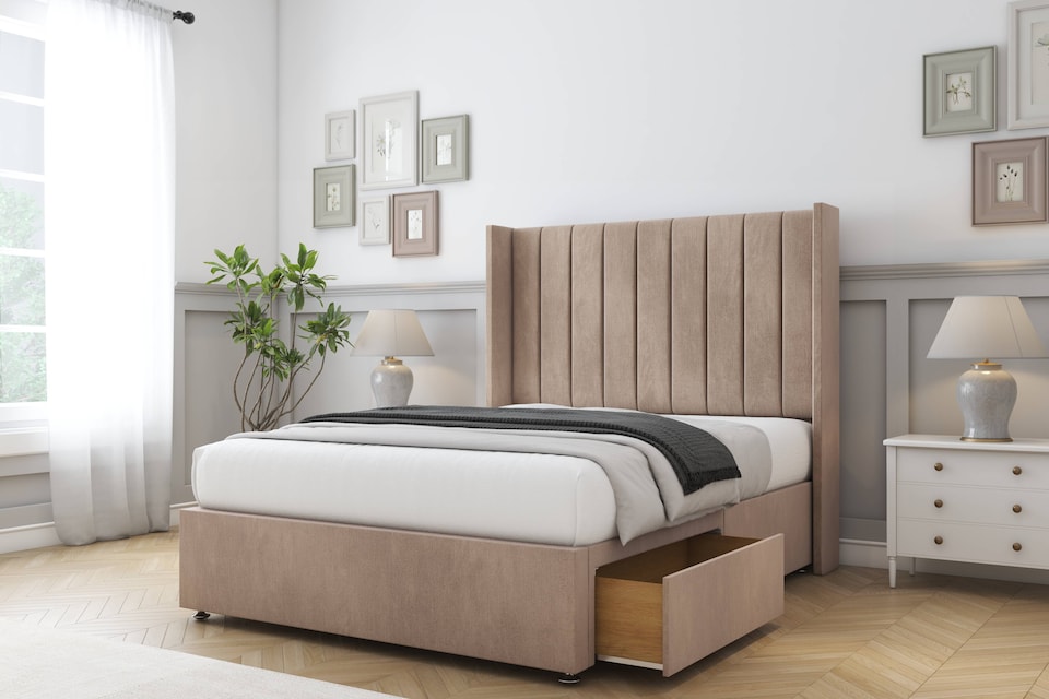 image 1 of Sloomy Falcon Mink Naples Divan Bed Base No Drawers With 54 Inch Wingback Headboard | Brown | Mink | Single | 1