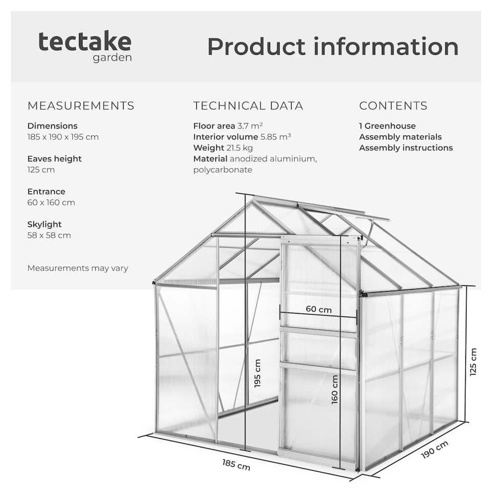 image 1 of Aluminium greenhouse, UV-resistant, 185x190x195cm