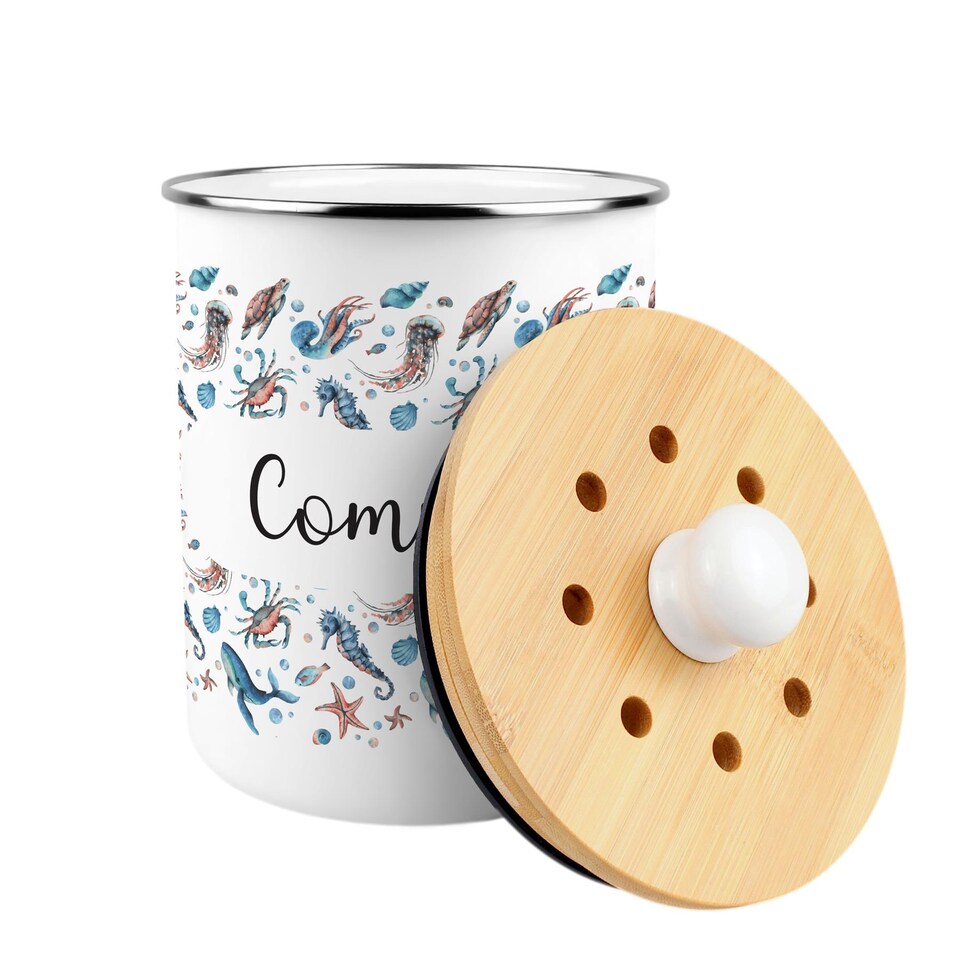 image 1 of Sea Art Compost Caddy - Metal 2L Decorative Kitchen Food Waste Bin