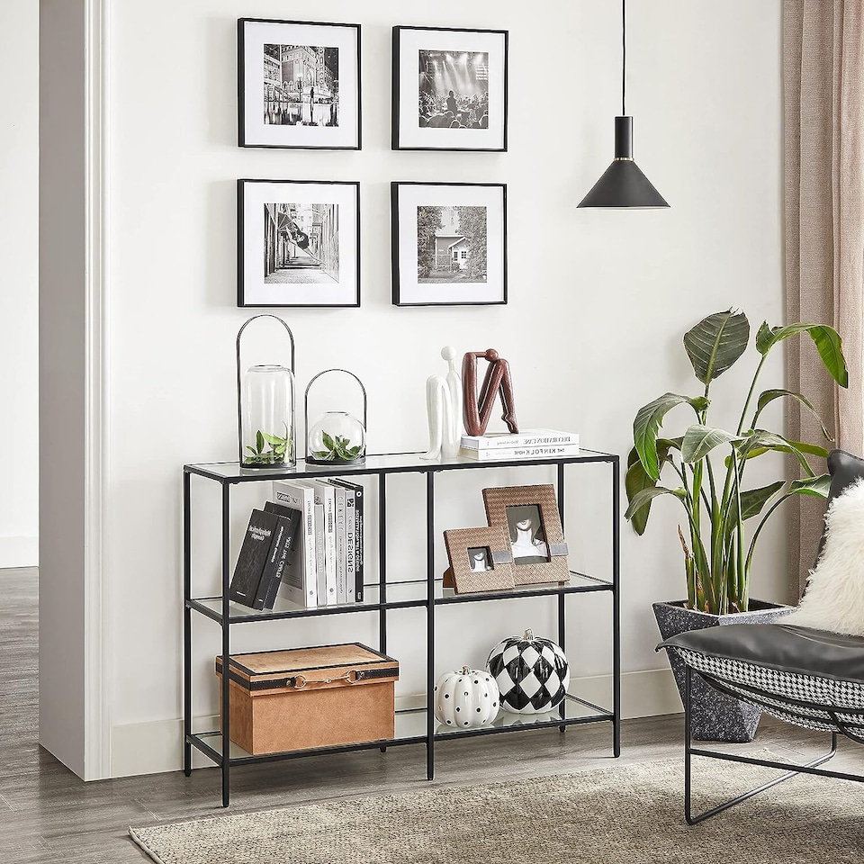 image 1 of 3-Tier Glass Console Table with Steel Frame, Hallway and Living Room Storage Table, Black