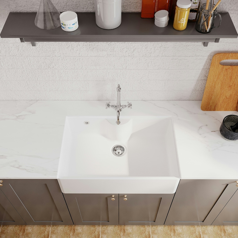 image 1 of Fireclay 795mm 1 Bowl Butler Kitchen Sink - Ledge with French Classic Tap & Waste - Ceramic Kitchen Sink & Tap