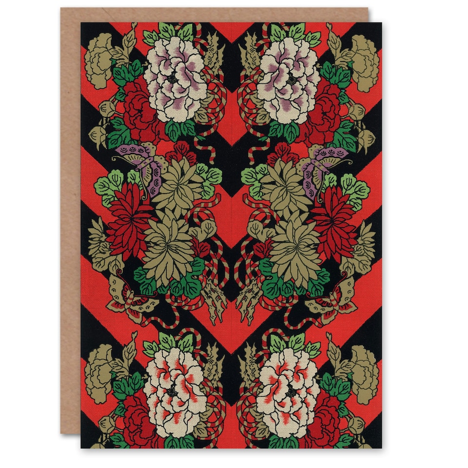 image 1 of G A Audsley Art Card Japanese Red Fan Floral Pattern