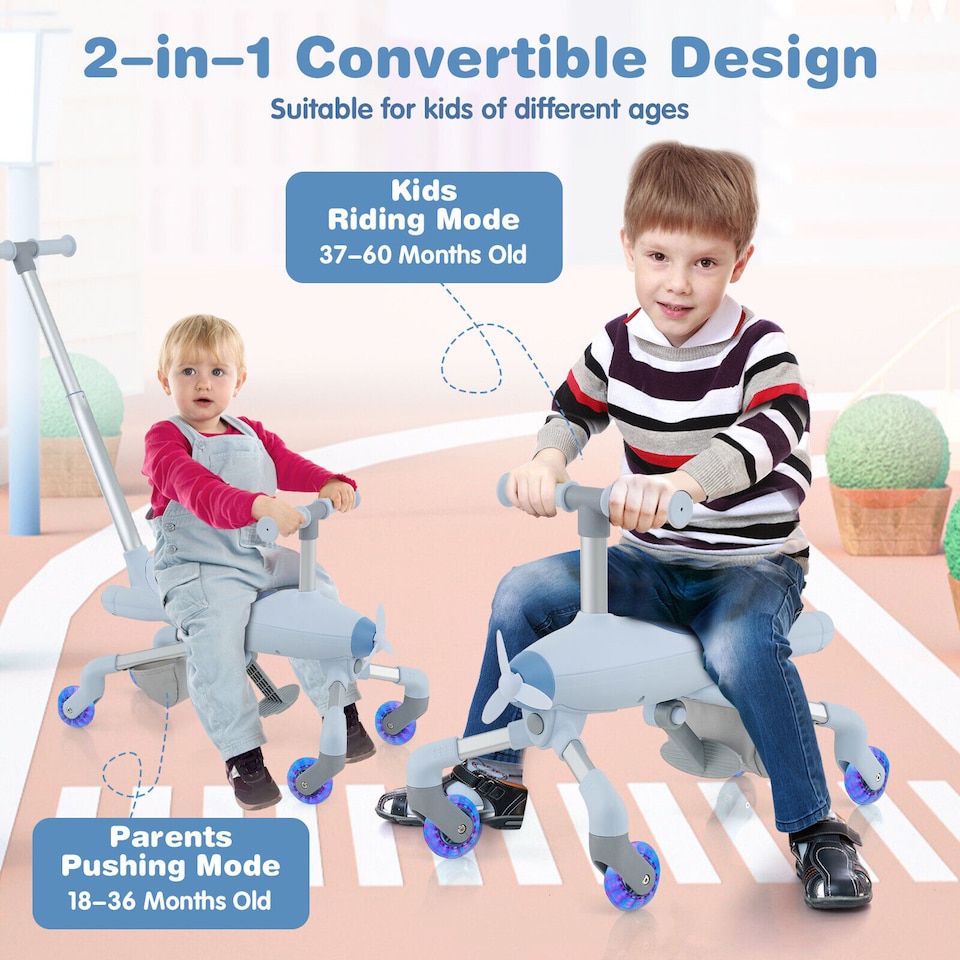 image 1 of COSTWAY 2-in-1 Kids Ride-on Push Car Plane-Themed Blue