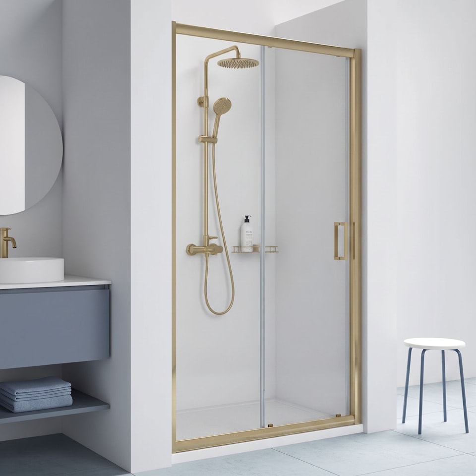 image 1 of Balterley Toughened Safety Glass Reversible Sliding Shower Door | Copper | Brushed Brass | 1