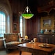 image 7 of Amber and Green Stained Glass Domed Tiffany Pendant Lamp Shade with Chain | Green