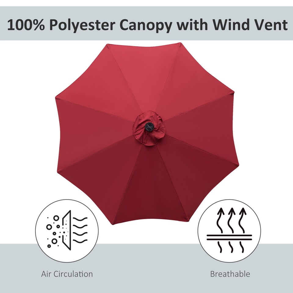 image 1 of Outsunny 2.7m Patio Garden Umbrella Outdoor Parasol Outdoor Market Table Umbrella with Tilt Crank and 24 LEDs Lights Wine Red
