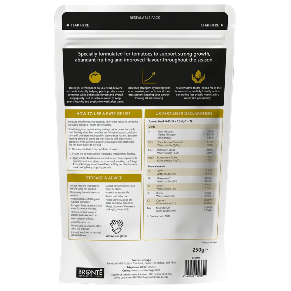 image 1 of Bronte Heritage Collection Tomato Feed Fertiliser 250g Soluble Plant Food with Measuring Scoop, NPK 10 10 31 and Magnesium