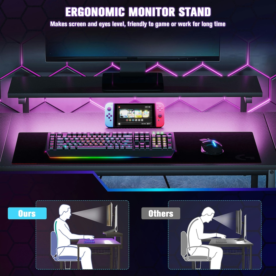 image 1 of HOMCOM L Shaped Desk with LED Lights Reversible Corner Gaming Desk with Storage