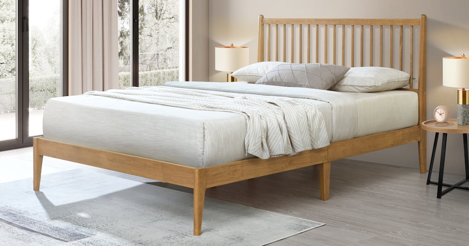 image 1 of 4ft Small Double Oak Finish Wood bed Wooden Frame Bedstead. Solid Wood, Spindle Style | Clear | Small Double