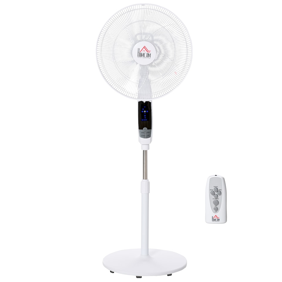 image 1 of HOMCOM 16 Pedestal Stand Fan, 3 Speed 3 Mode, 85 Degree Oscillation, LED Panel, 3M Remote Controller, Height Adjustable for Living Room, Bedroom, Garage, Office, Black and White