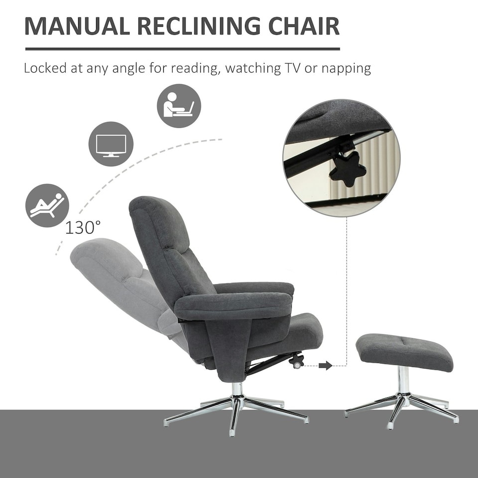 image 1 of HOMCOM Recliner Chair with Footstool with Adjustable Back Grey Grey