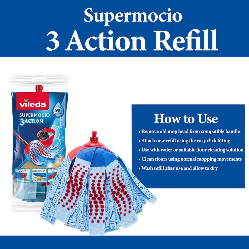 image 1 of Vileda SuperMocio 3 Action Mop Refill Microfibre Floor Cleaning Replacement Head