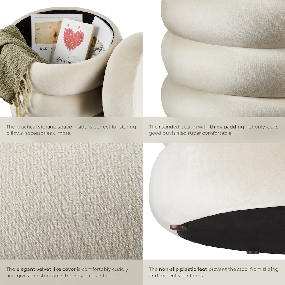 image 1 of Stool Altu - padded seat, large storage space | Cream | velvet look cream-white | 42 x 42 x 47 cm | 1