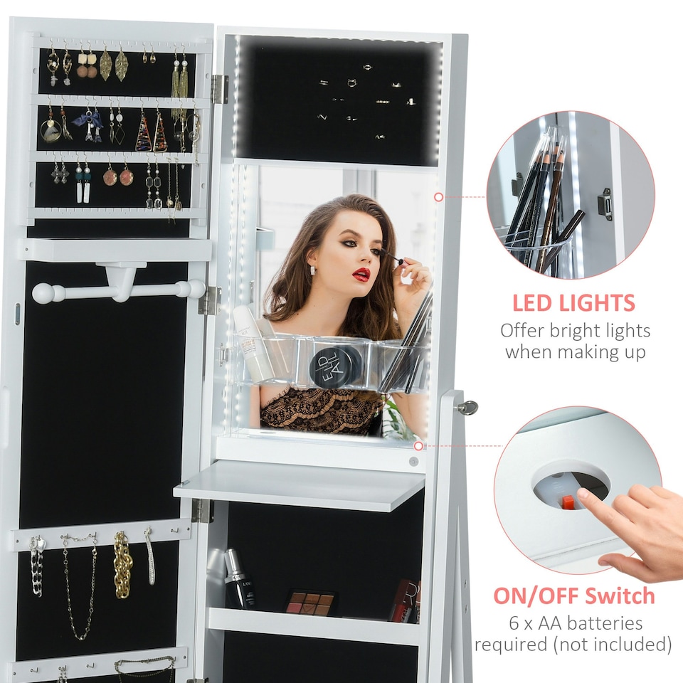 image 1 of HOMCOM Freestanding Jewellery Storage Armoire w/ 2 Mirrors Drawers Hooks Lights