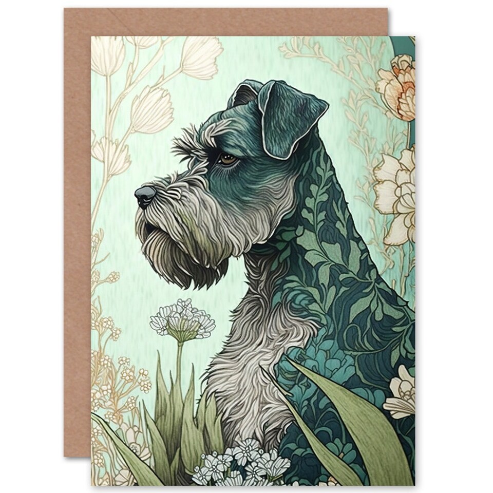 image 1 of Grey Schnauzer Dog Floral Pattern Flowers Art Art Card