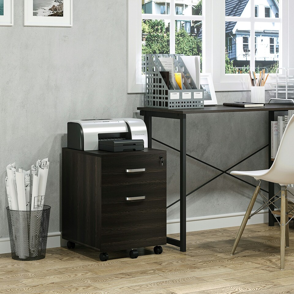 image 1 of Vinsetto 2-Drawer Locking Office Filing Cabinet 5 Wheels Rolling Storage Brown
