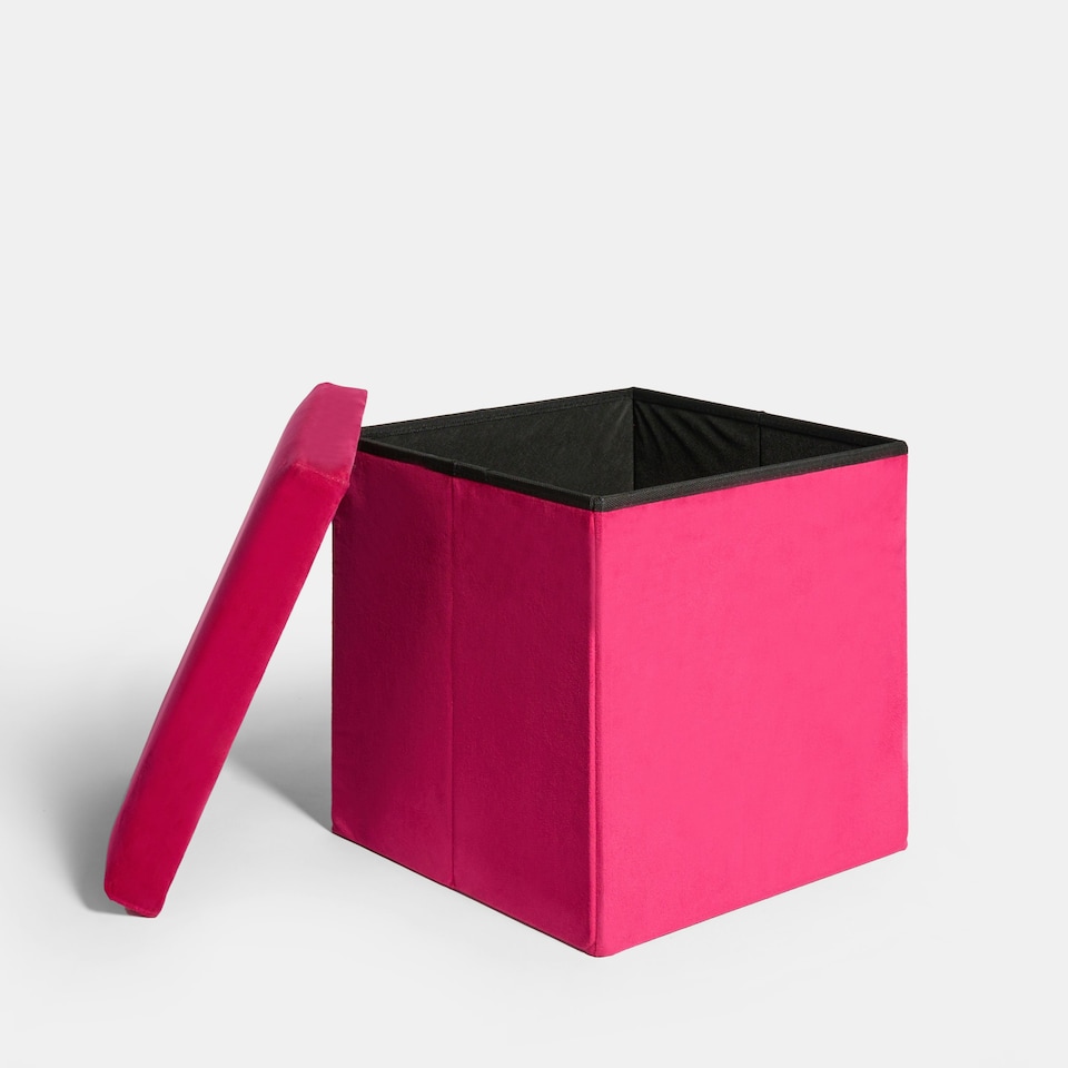 image 1 of OHS Matte Velvet Soft Foldable Cube Footstool Seat Storage Organiser Ottoman Pink | Bright Pink