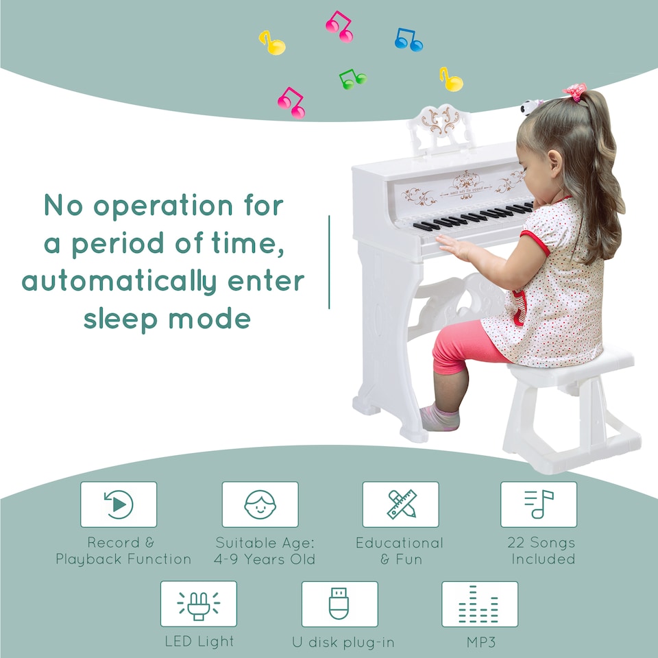 image 1 of HOMCOM 37 Key Keyboard Battery Piano Kids Microphone Stool Educational Game