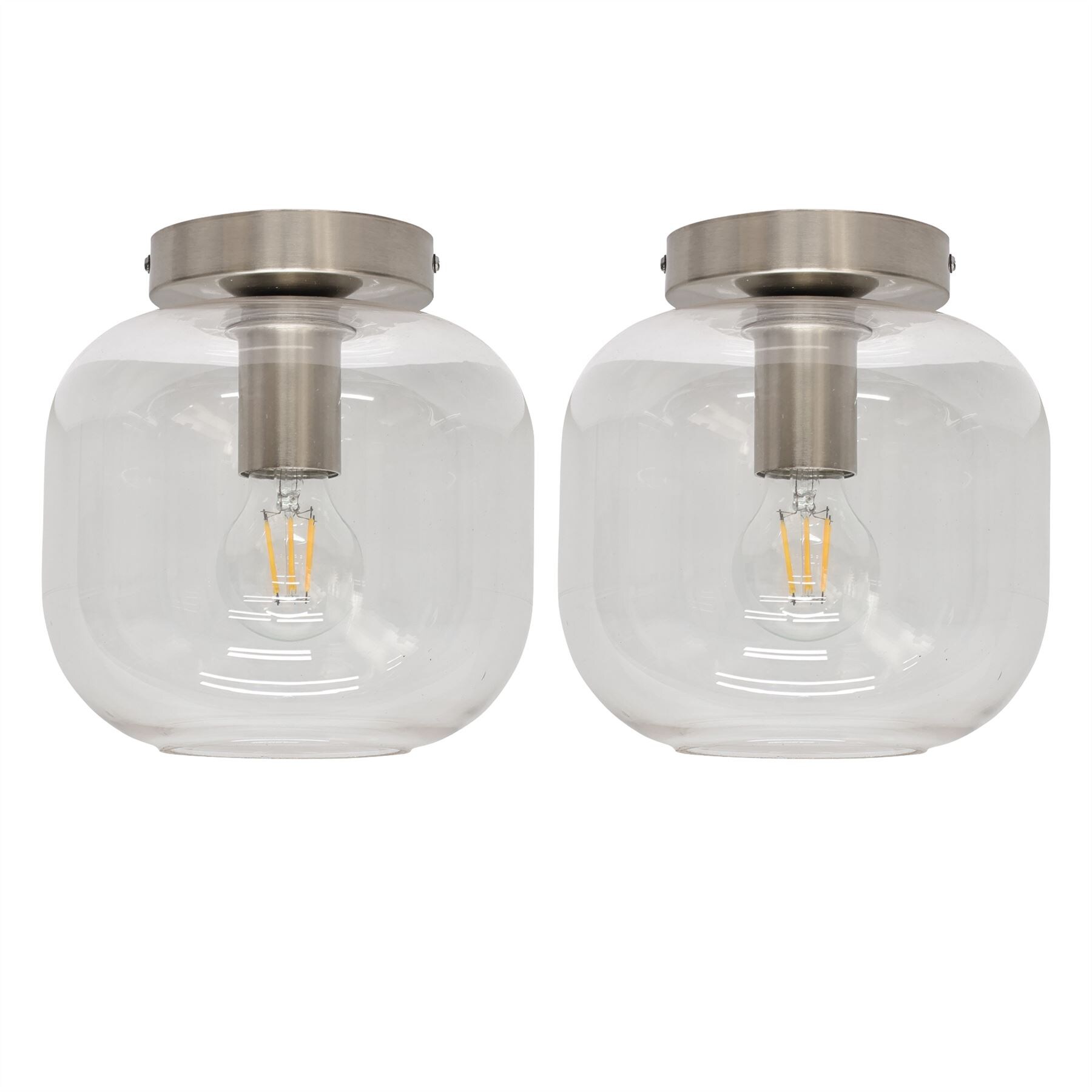 First Choice Lighting Set of 2 Bletch - Clear Glass Satin Nickel Ceiling Light Fittings