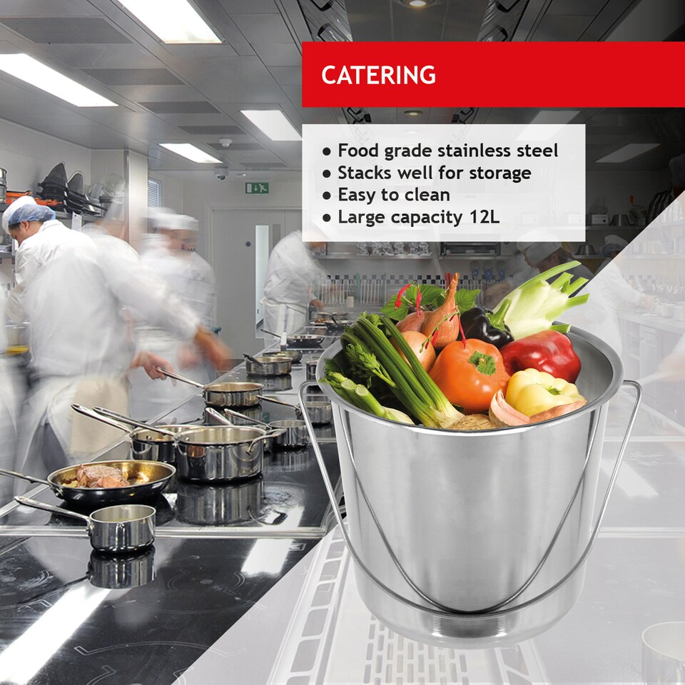 image 1 of SPARES2GO 12 Litre Stainless Steel Handled Pail Bucket (Silver)