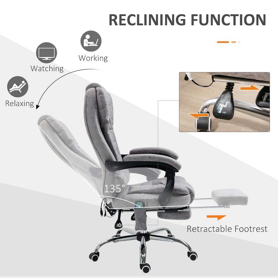 image 1 of Vinsetto Office Chair with 6 Point Massage and Back Heat, Microfiber Desk Chair with Footrest Adjustable Height and Swivel Wheels, Back Reclining, Grey