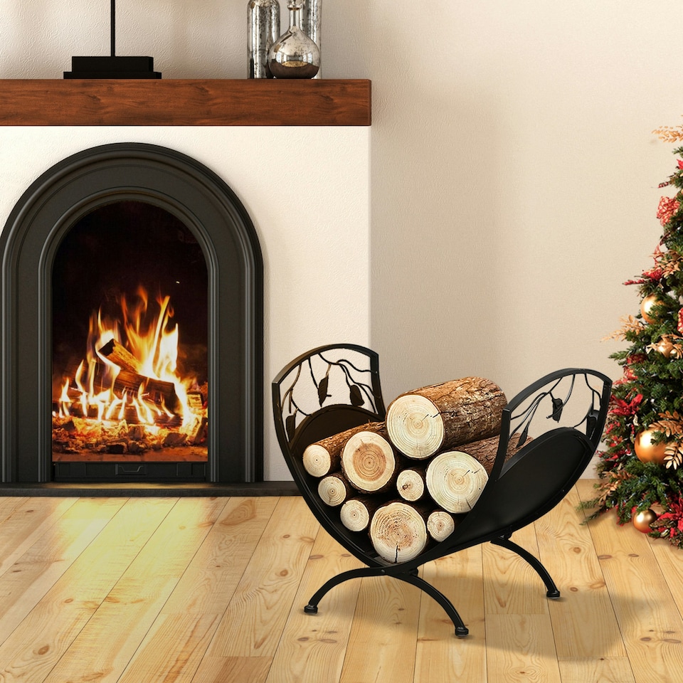 image 1 of Outsunny Iron Folding Arced Firewood Log Holder Leaf Scroll Panel Indoor Outdoor