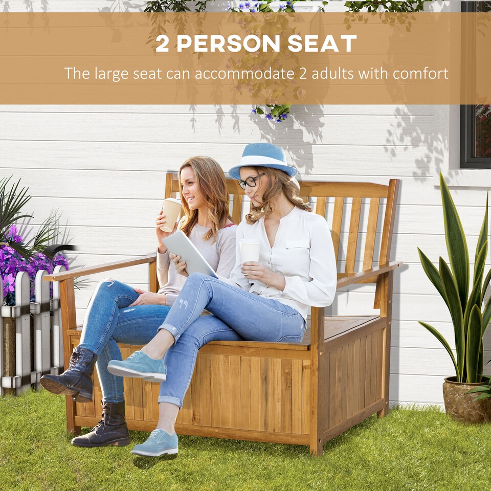 image 1 of Outsunny 2 Seater Garden Storage Bench, 164L Outdoor Storage Box with Backrest Flower Pattern, Wooden Garden Bench with Armrests, 125 x 68.5 x 97cm, Natural