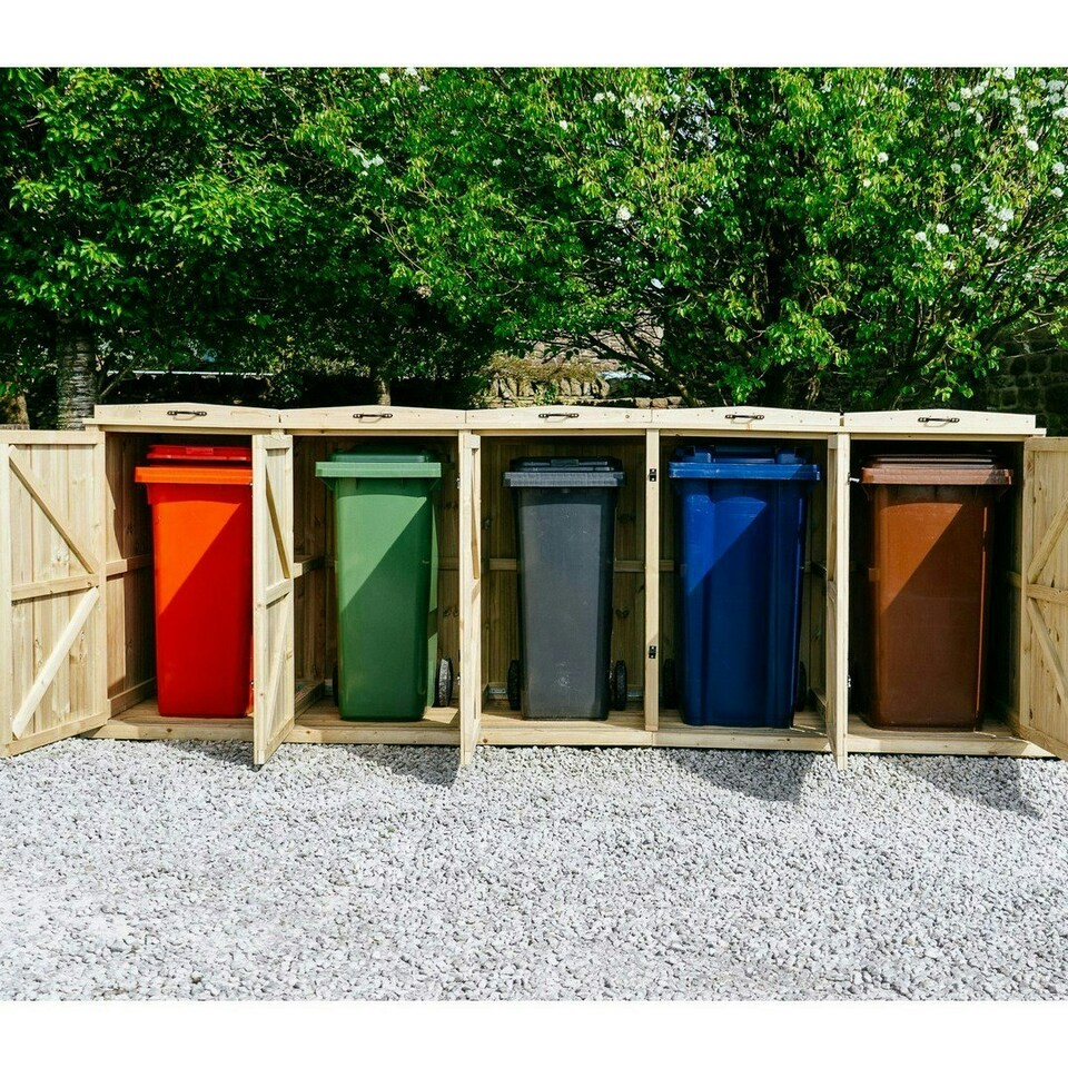 image 1 of Chatburn Quintet Wheelie Bin Store - Timber - L80.4 x W342.2 x H120 cm - Fits 4 x 180L or 4 x 240L & 1 x 140L Wheelie Bins Brown